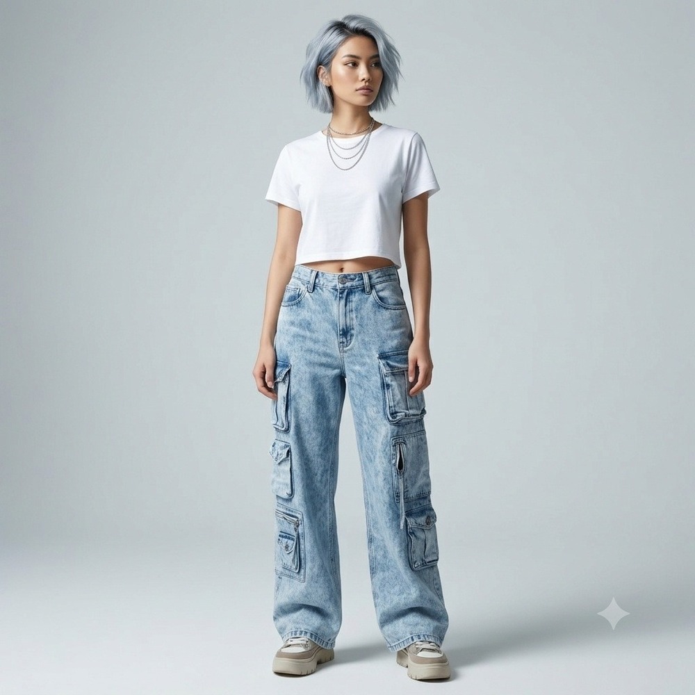 GAP Womens Acid Wash Cargo Jeans Blue Wide Leg Utility Multi Pocket 31 12R